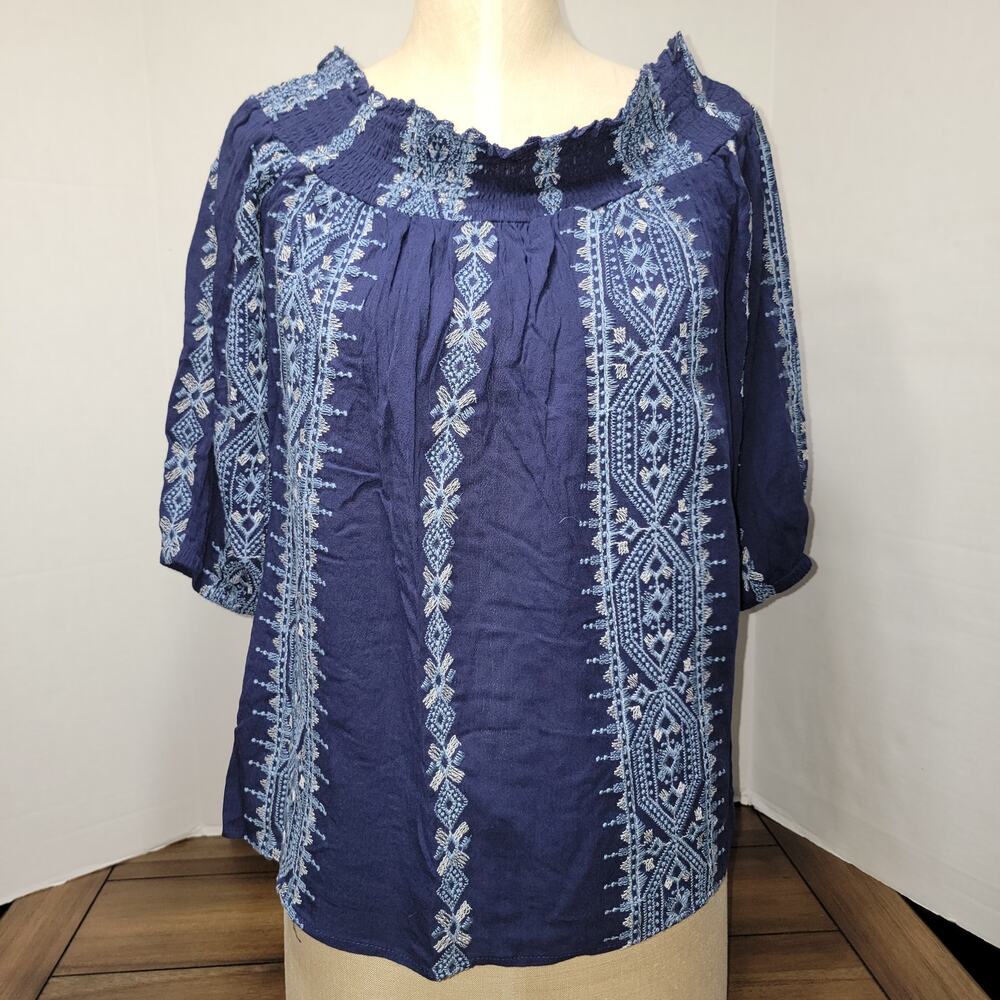 Altar'd State 3 Quarter Sleeve Dark Blue Embroidered Blouse - Size Small NWT